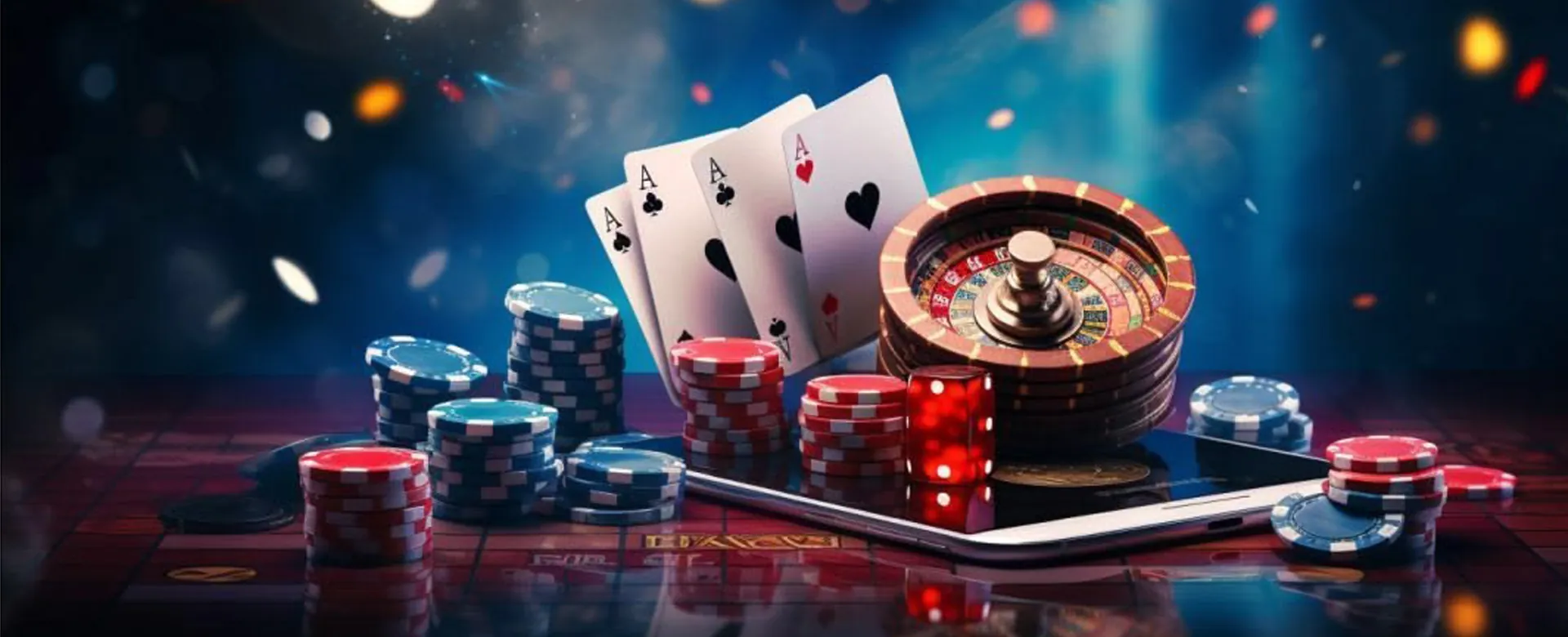 A vibrant online casino scene with slot machines, live tables, and sports betting elements, showcasing okplay's black and gold theme.